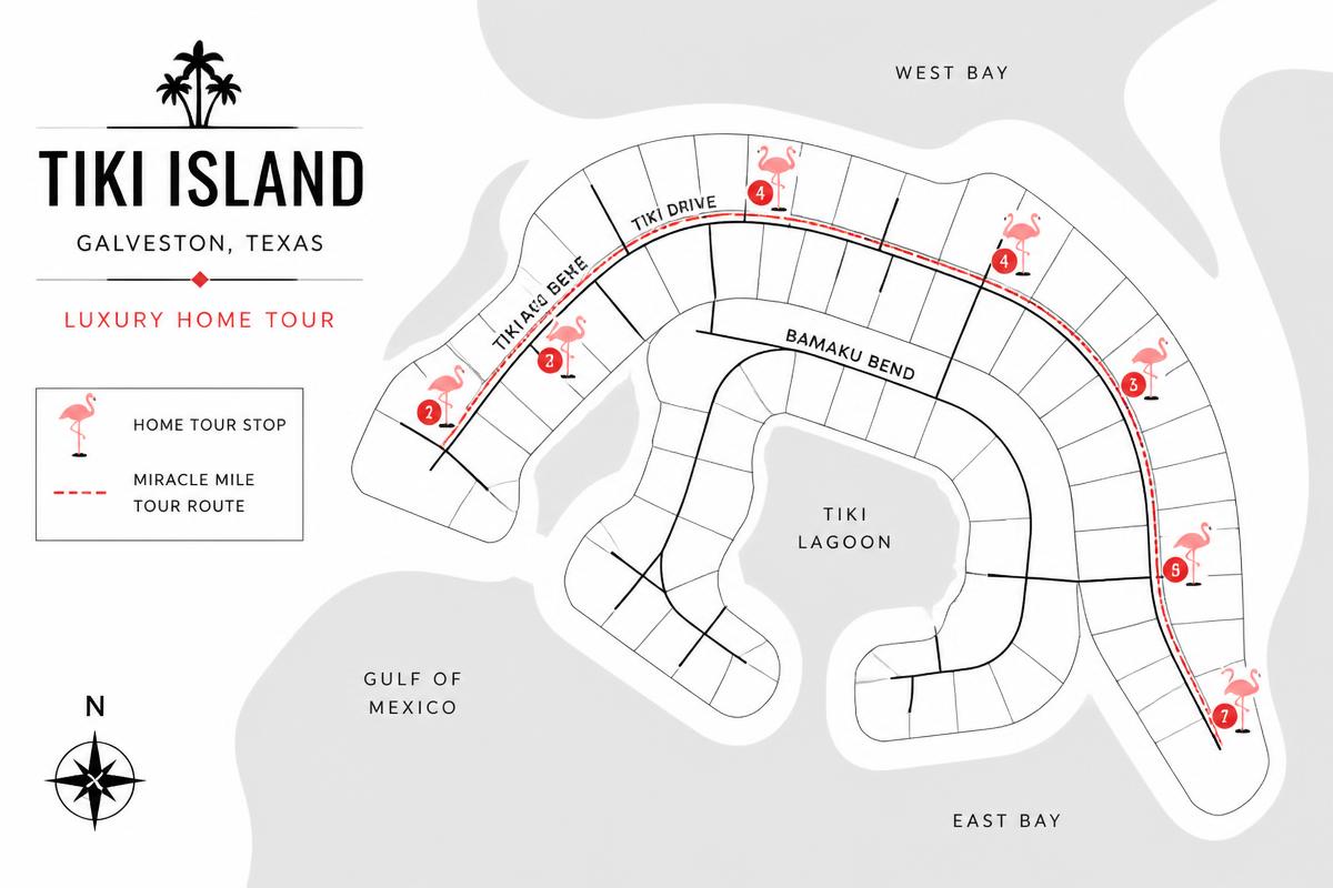 Stylized map of Tiki Island showing the Miracle Mile luxury home tour route and participating home locations